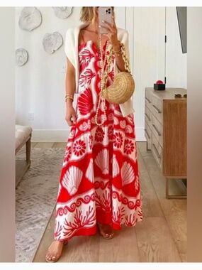 Calypso St. Barth Red Sea Shell Linen Blend Lace Up Bodice Maxi Dress
